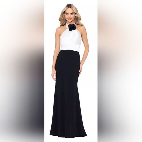 Betsy & Adam Flower-Trim Halter Neck Sleeveless Gown NWT Sz 12 Black And White - Picture 1 of 6